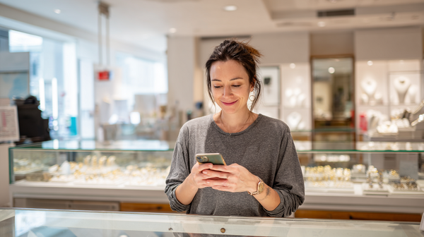 Klant ontvangt melding van reparatie van juwelen op telefoon in juwelierszaak