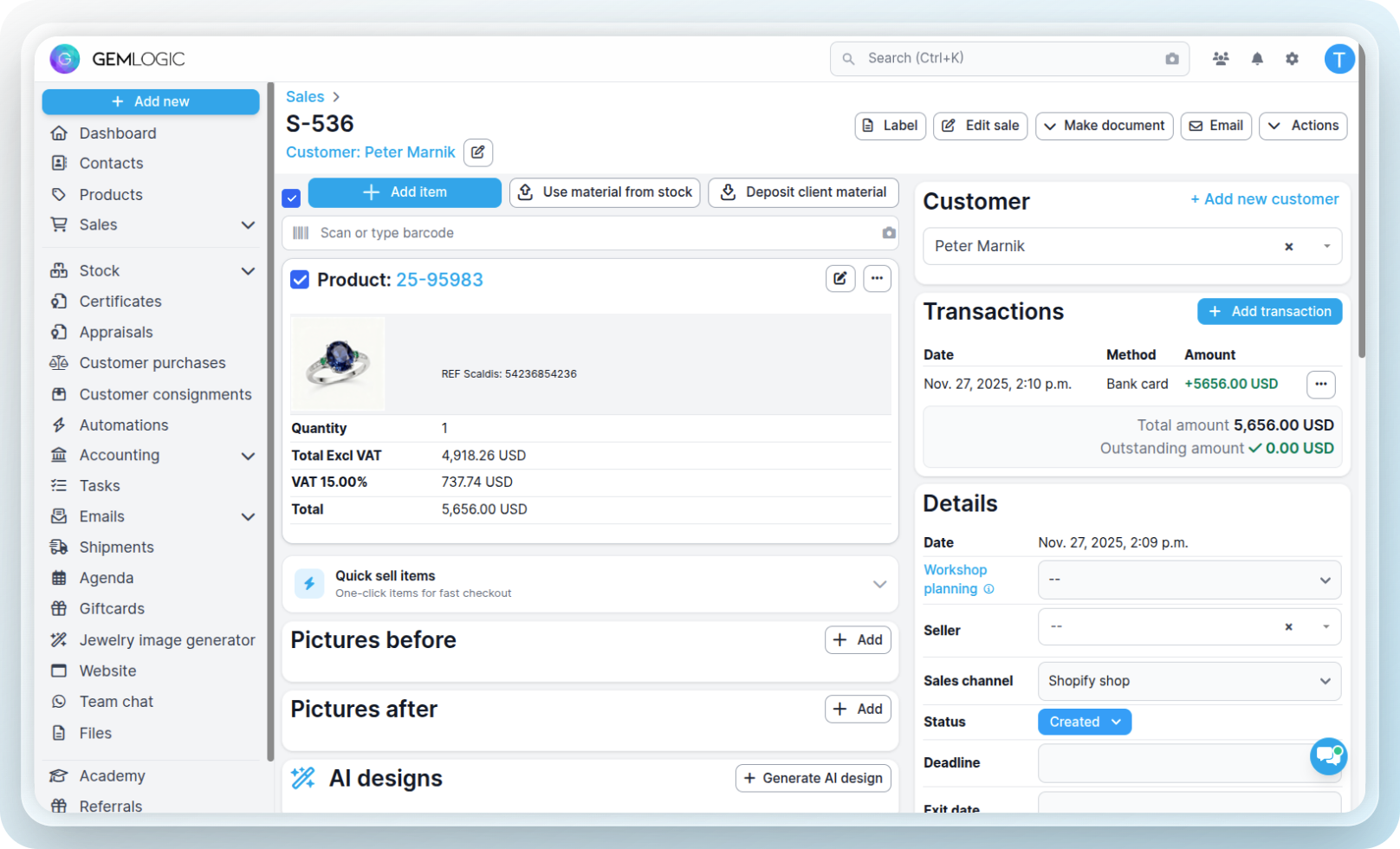 Gem Logic sales dashboard showing checkout and invoicing